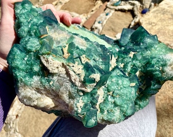 19.3 lb Green Fluorite On White Quartz Crystal Cluster