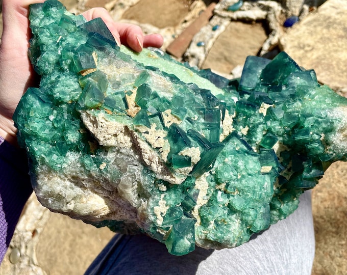19.3 lb Green Fluorite On White Quartz Crystal Cluster