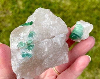 Blue Green Tourmaline in Quartz Specimens Set of 2