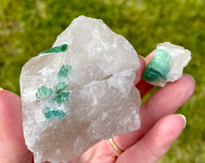 Blue Green Tourmaline in Quartz Specimens Set of 2