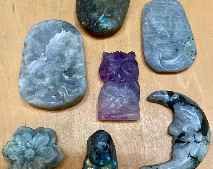 Carved Labradorite & Fluorite Palm Stones set of 7