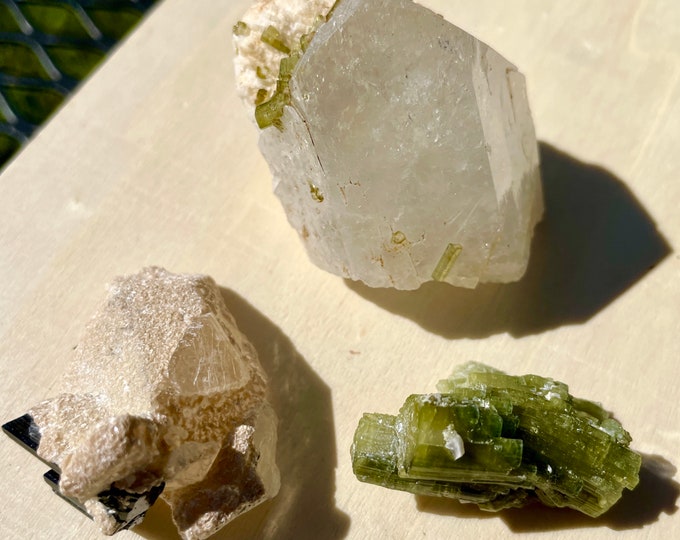 Green Tourmaline Specimens with Morganite Set of 3