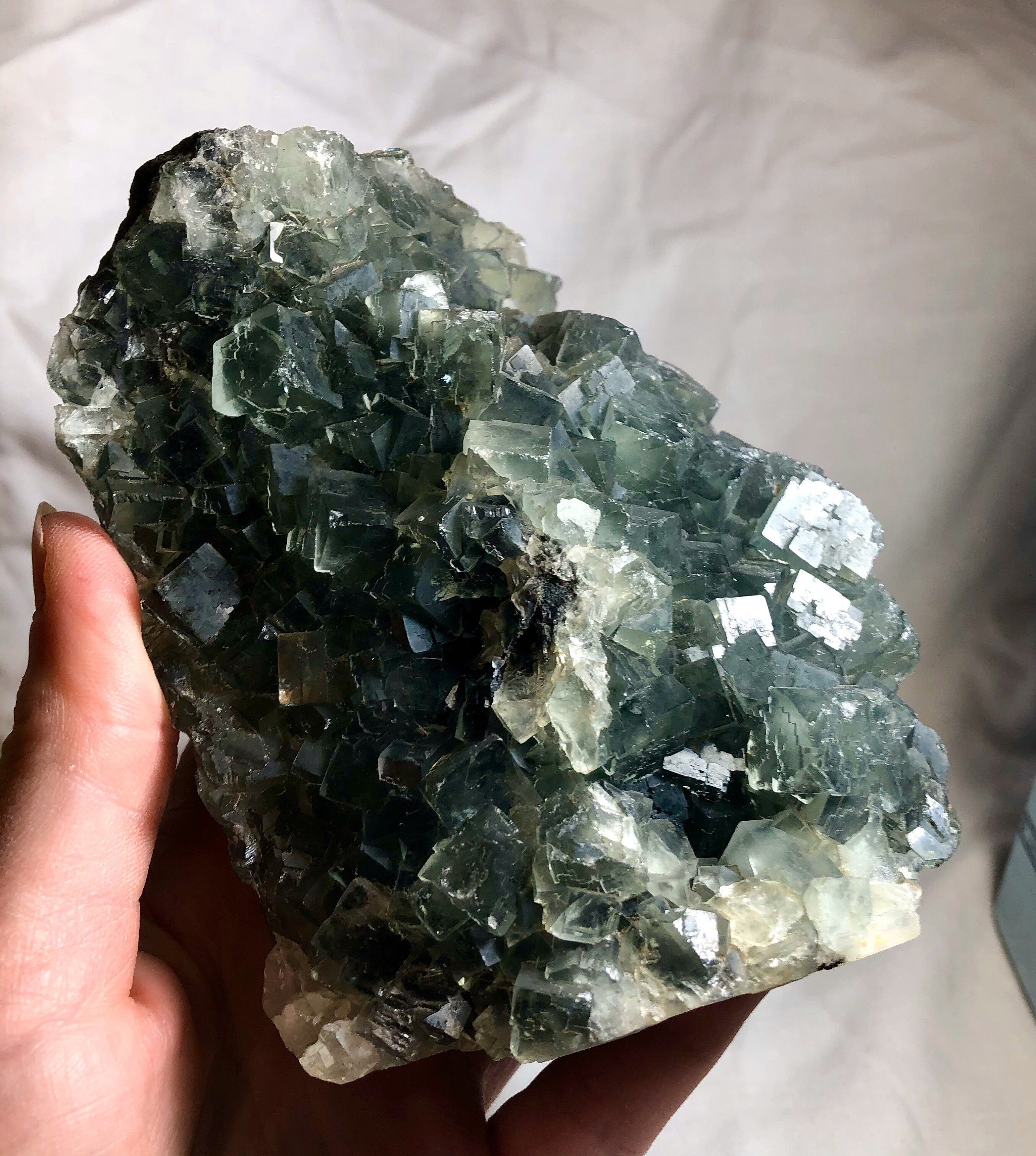 898g Large green cubic Fluorite with Clear Quartz Crystal Cluster Specimen