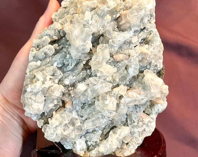 Apophyllite Stilbite on Druzy Chalcedony Crystal Cluster on Wood Stand 3.84 lbs