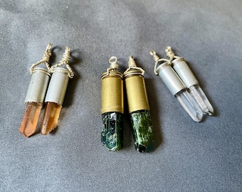 Crystal Bullets with Epidote  Quartz and Sterling Silver wire bails 3 pairs