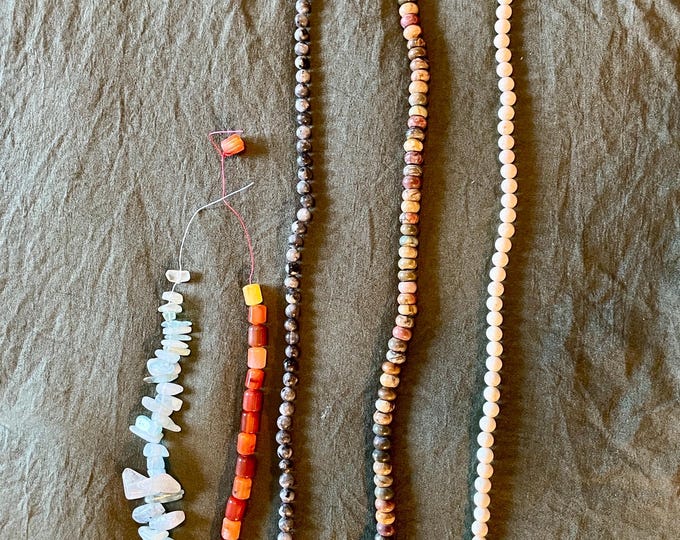 5 strands of gemstone beads Aquamarine Carnelian Larvakite Cherry Creek and White Jasper
