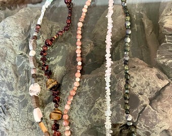 5 gemstone bead strands Jasper TigersEye Moonstone Rose Quartz Aquamarine Seraphinite