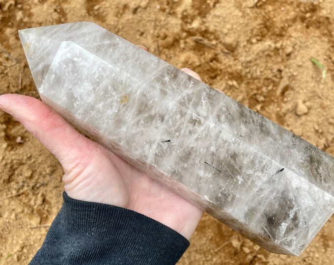 3.08 lbs Smoky Rutilated Quartz Crystal Obelisk Pillar Tower Point Wand Column Generator