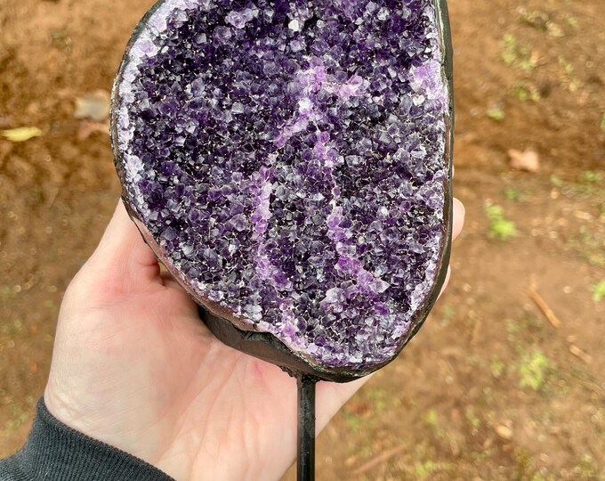 2.12 lbs Amethyst Geode Crystal Cluster on Metal Display Stand