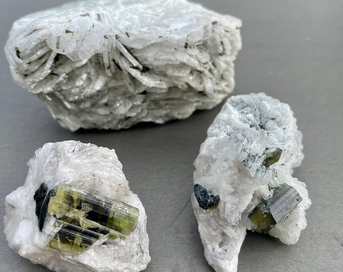 Green Tourmaline in Cleavelandite Crystal Clusters Set of 3