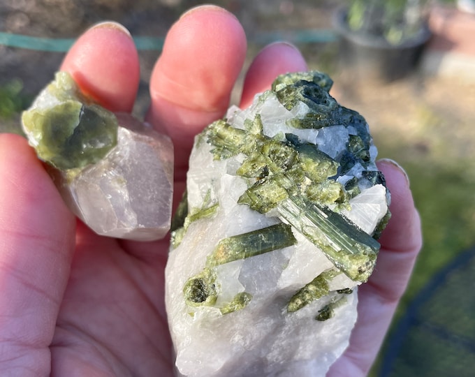 Green Tourmaline on Quartz Clusters Set of 2
