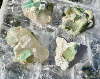 Green Tourmaline Crystal Clusters Set of 4