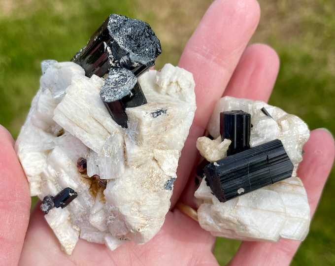 Black Tourmaline in Albite Crystal Clusters Set of 2