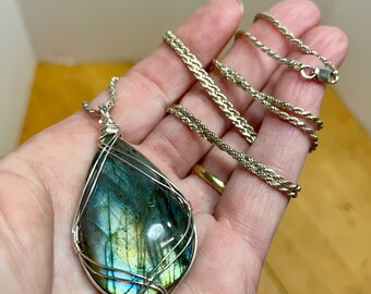 Labradorite Pendant on Sterling Silver Rope Chain Necklace