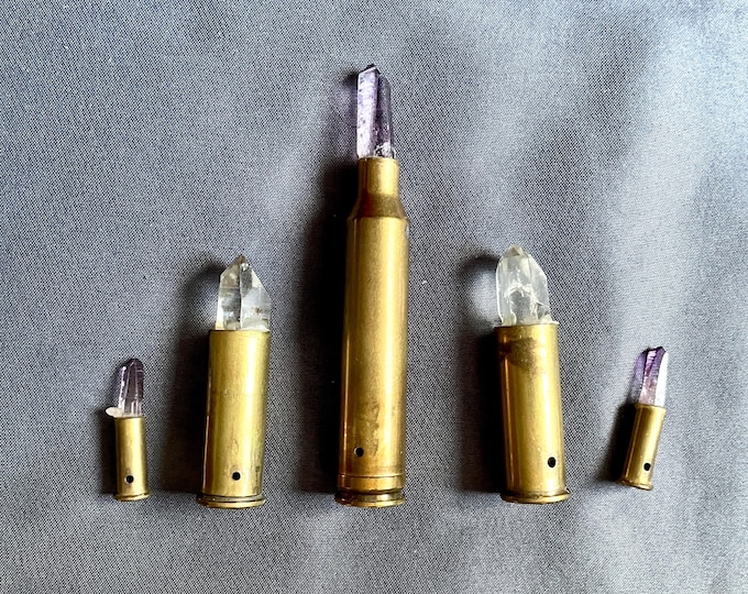 Set of 5 drilled Amethyst and Quartz Crystal Bullets