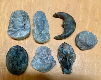 Carved Labradorite Palm Stones set of 7
