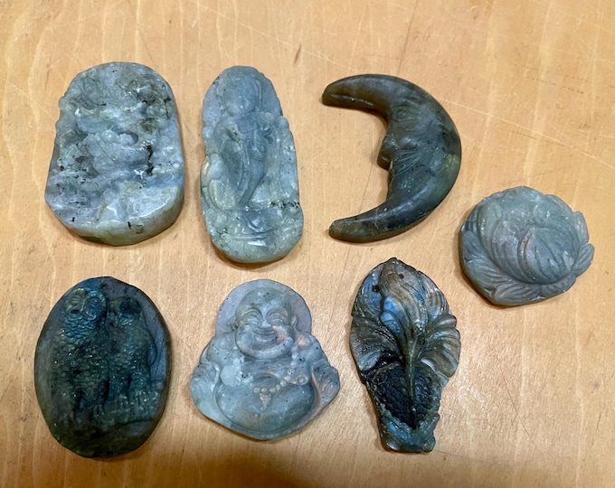 Carved Labradorite Palm Stones set of 7