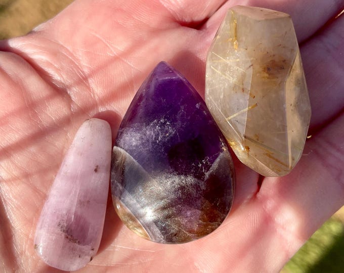 3 drilled gemstone pendants Kunzite Amethyst and Rutilated Quartz