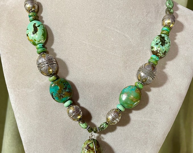 Unstabalized Turquoise and Sterling Silver hand beaded necklace