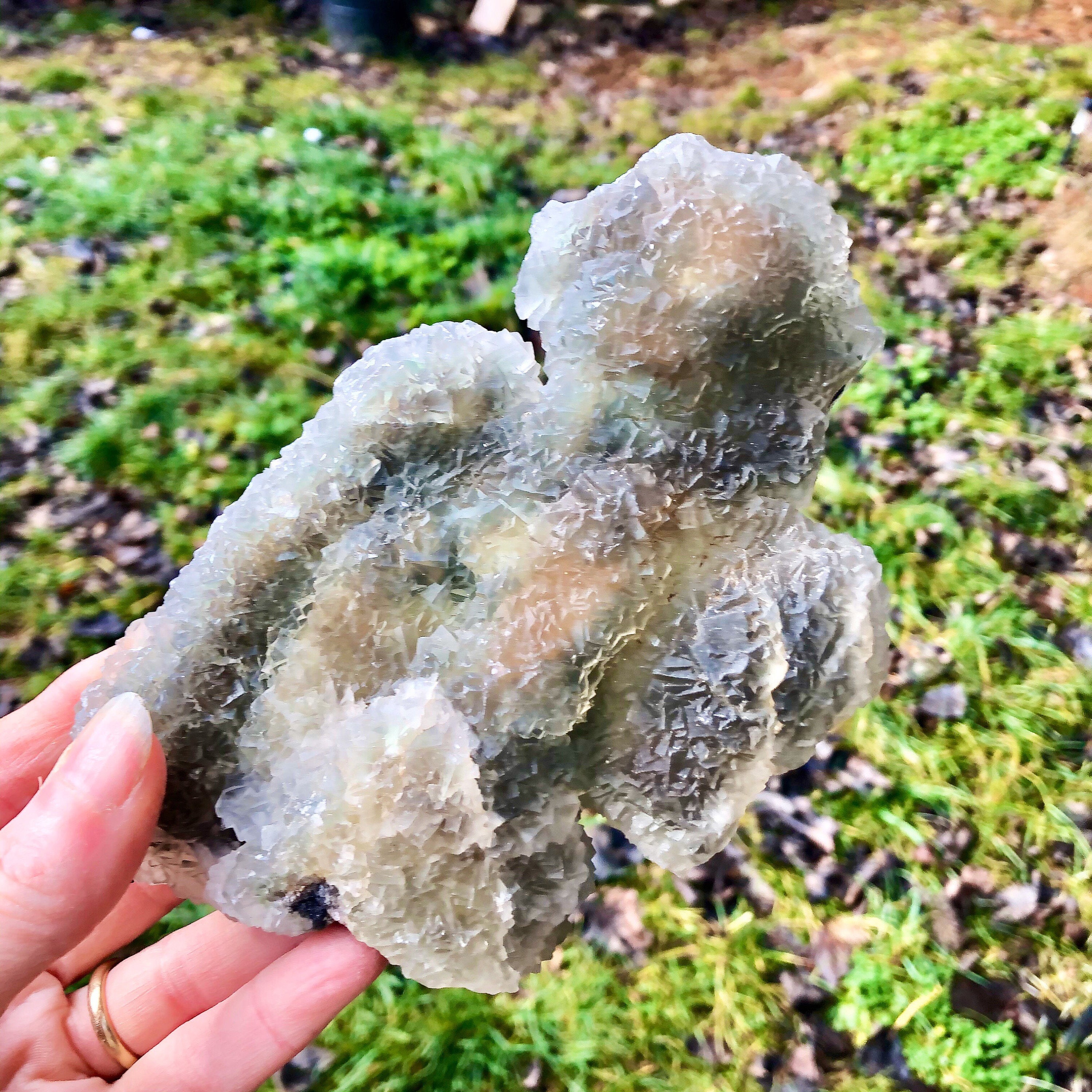 720g Olive Green Translucent Irregular Fluorite Crystal Cluster Mineral