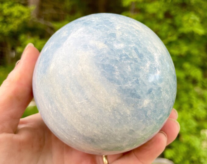 85mm Blue and White Calcite Sphere Orb Ball Mineral Display Specimen
