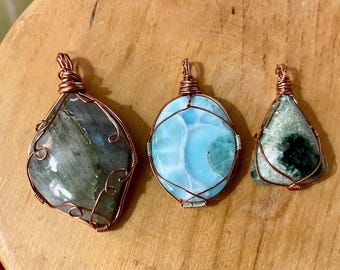 3 Copper & Silver wrapped pendants Labradorite Larimar Seraphinite
