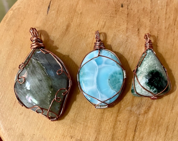 3 Copper & Silver wrapped pendants Labradorite Larimar Seraphinite
