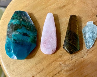 4 across top drilled pendants Chrysocolla Kunzite TigerEye Aquamarine