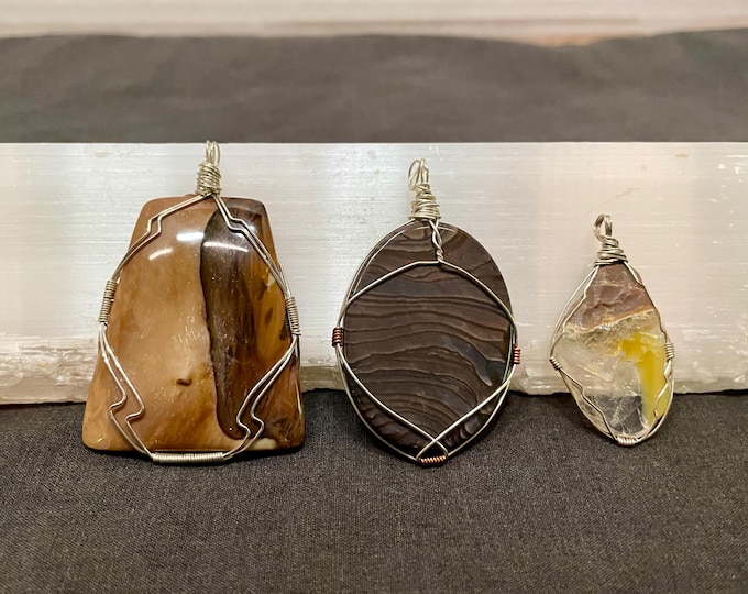 3 Sterling Silver Wire Wrapped Pendants Biggs Jasper & Oregon Opal