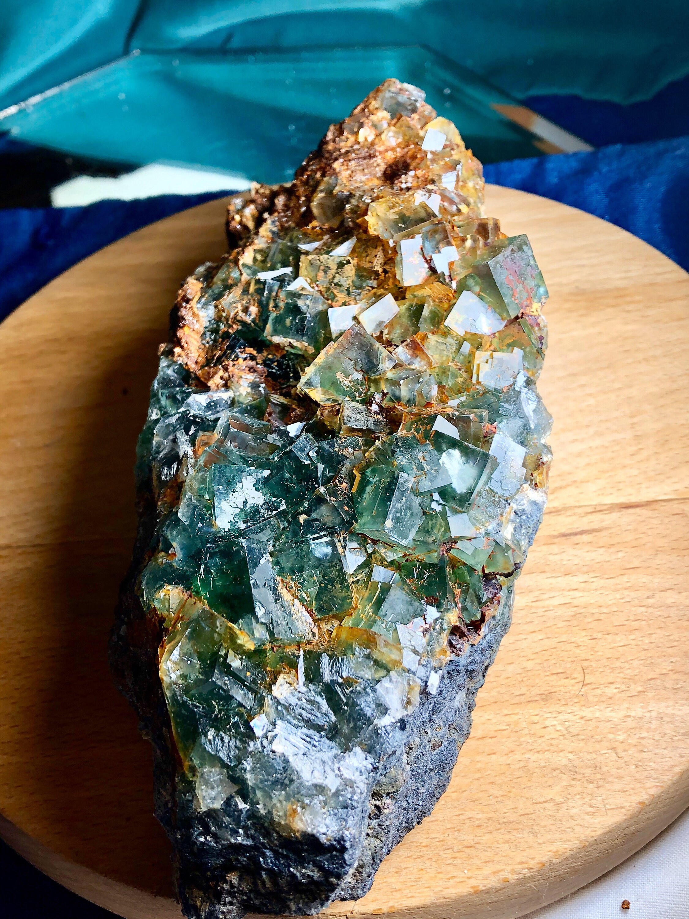 698g Emerald Green Cubic Fluorite Crystal Cluster Specimen with Orange