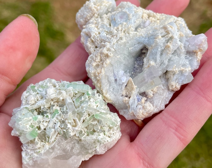 Tourmaline and Kunzite Crystal Clusters Set of 2