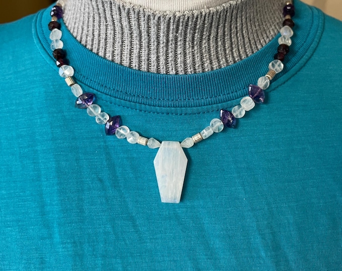 18 inch Rainbow Moonstone Necklace with Amethyst & Garnet