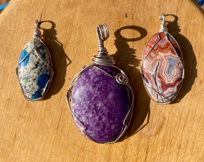 3 Sterling Silver wrapped pendants K2 Stone Opal Fluorite Red Crazy Lace Agate