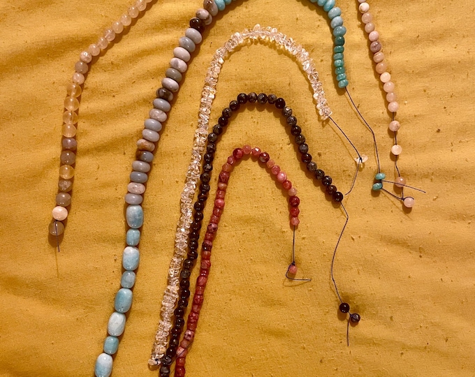5 strands of gemstone beads Calcite Amazonite Quartz Pietersite Strawberry Quartz