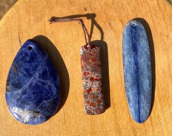 3 drilled pendants Sodalite Poppy Jasper and Blue Kyanite