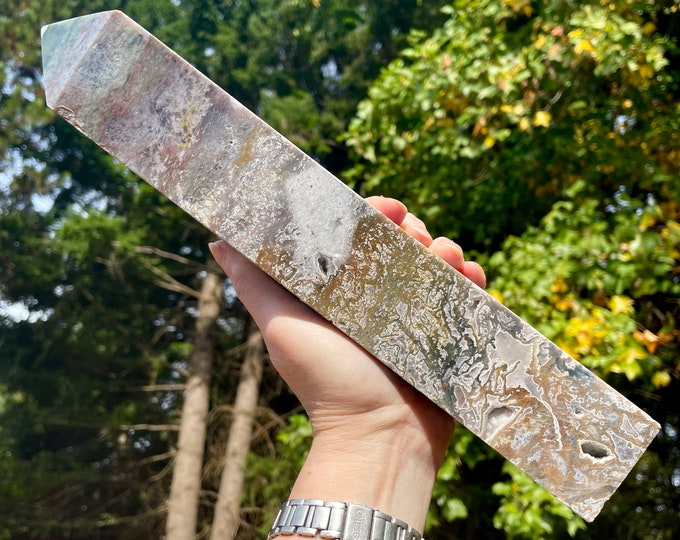 3.35 lbs Aquatic Agate Moss Agate Obelisk Pillar Tower Point Wand Column Generator