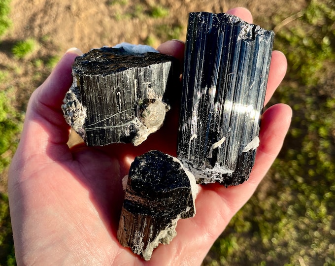 Black Tourmaline with Cleavelandite Mineral Display Specimens Set of 3