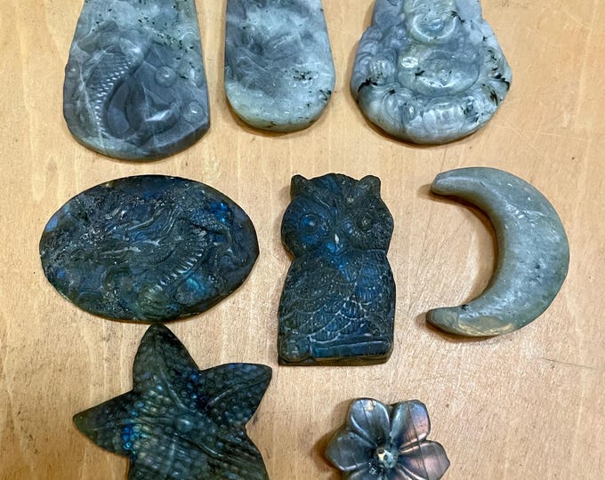 Carved Labradorite Palm Stones set of 8