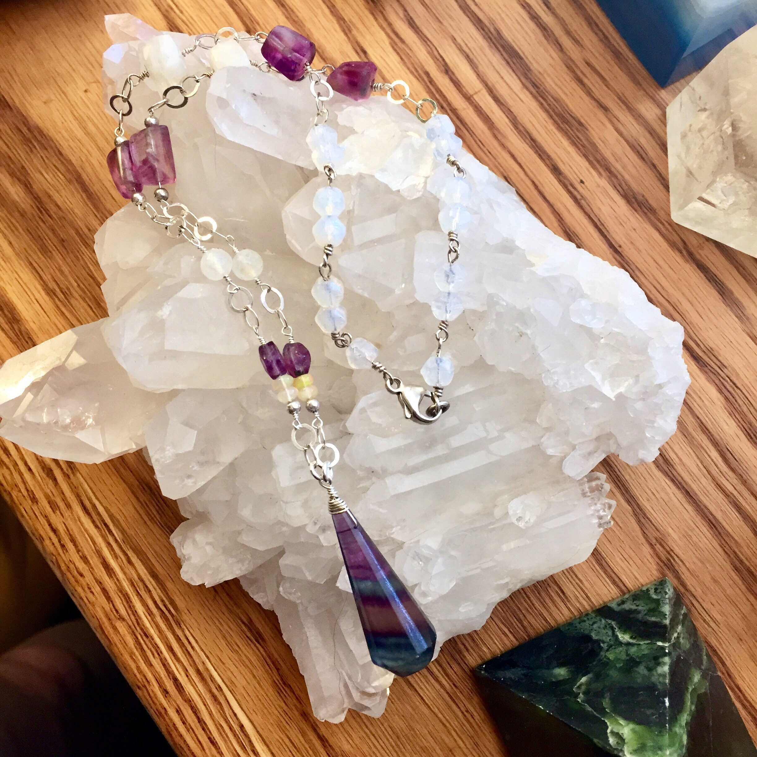 Fluorite, Moonstone and Opal crystal necklace with Sterling Silver