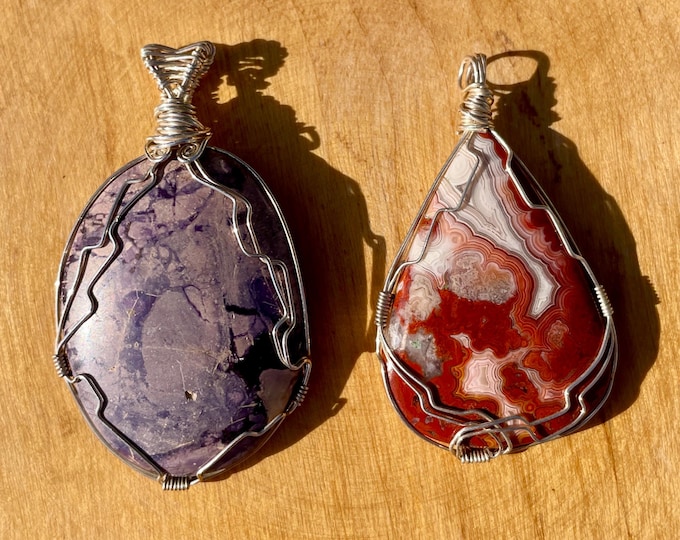 2 Sterling Silver wrapped gemstone pendants Tiffany Stone and Crazy Lace Agate