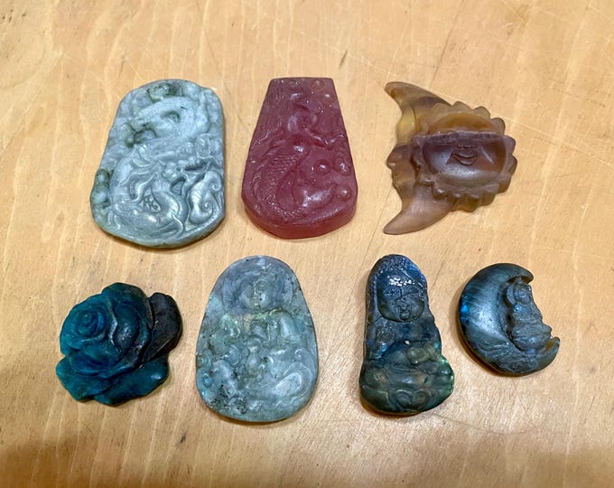 Carved Labradorite Fluorite Muscovite Apatite Palm Stones set of 7