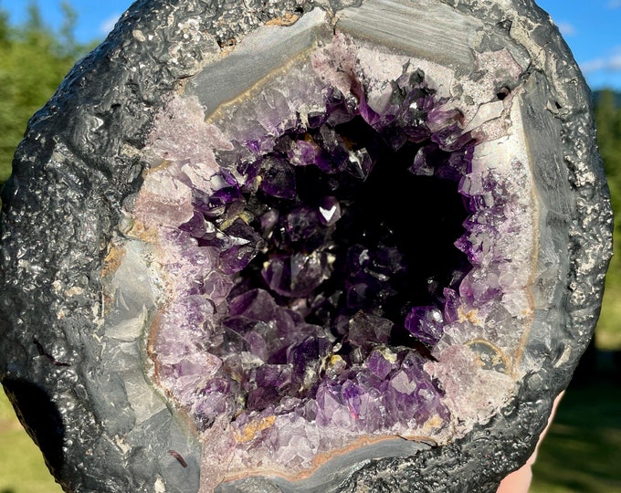 Amethyst Geode with Yellow Calcite Crystal Cluster 9.44 lbs