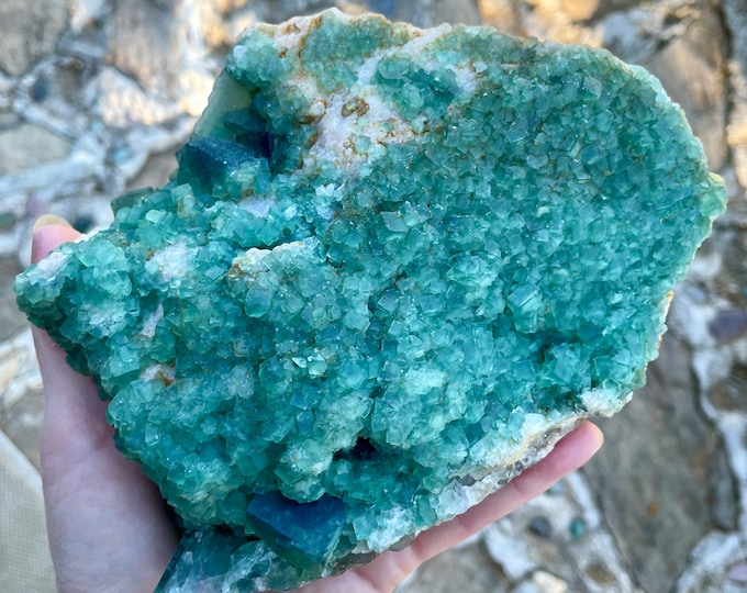 Green Cubic Fluorite On White Quartz Crystal Cluster 3 lbs