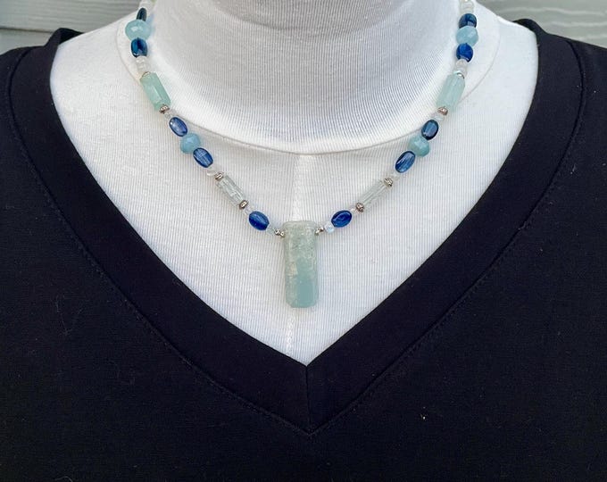 Aquamarine Necklace  with Moonstone Kyanite and Sterling Silver