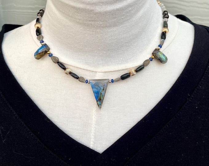24K Gold Filled Necklace of Labradorite Rainbow Obsidian Shungite Blue Kyanite 17”