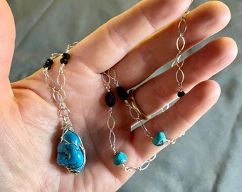 Turquoise Necklace With Black Spinel And Sterling Silver Chain