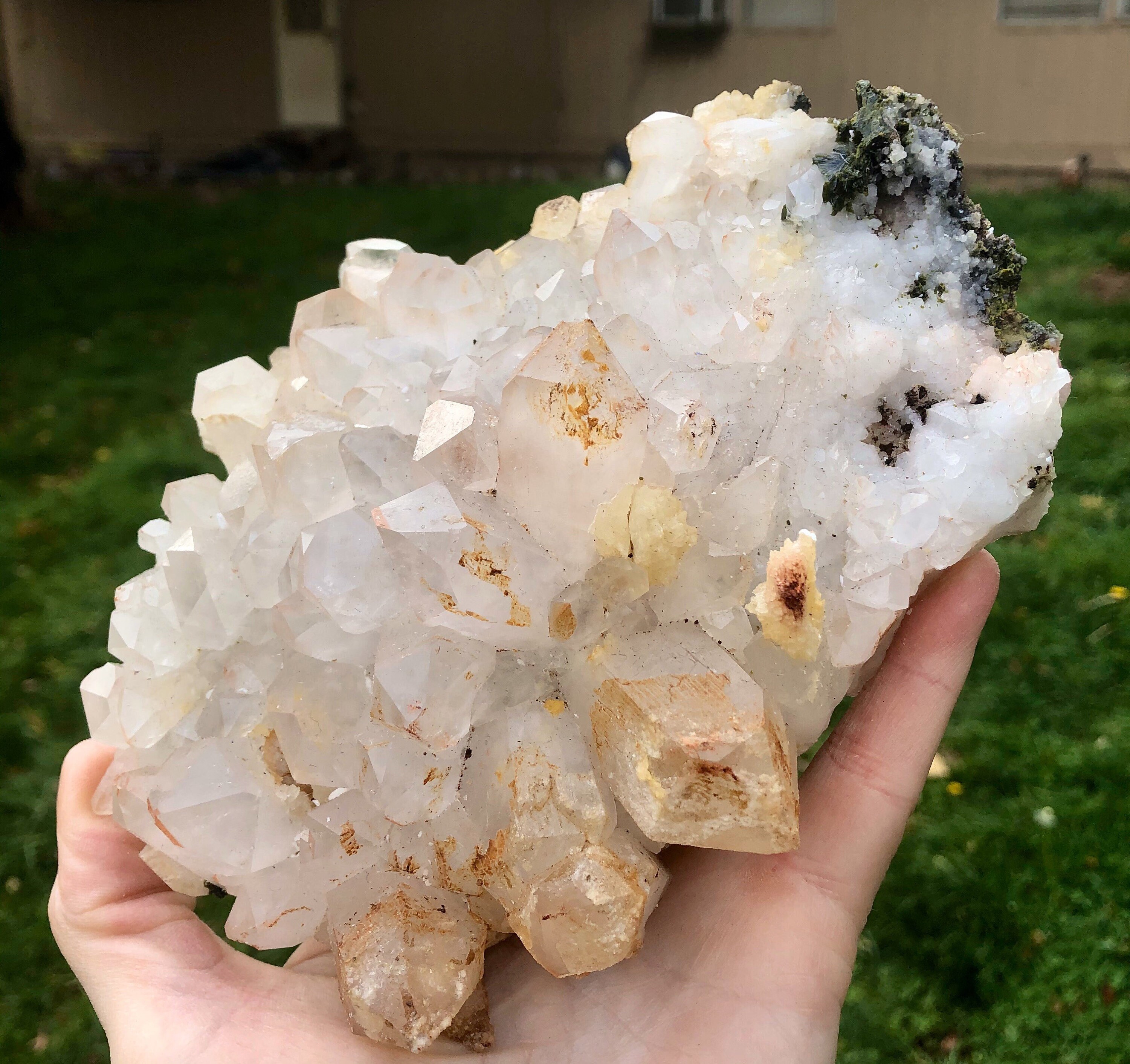 852g Quartz Crystal Cluster with Yellow Calcite Flowers and Green