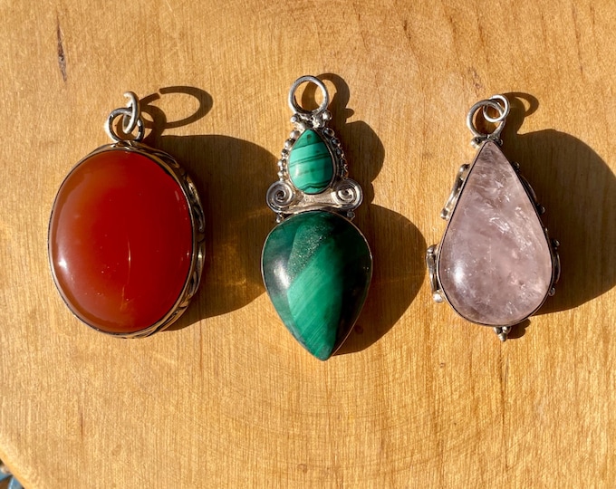 3 Sterling Silver gemstone pendants Carnelian Malachite Rose Quartz