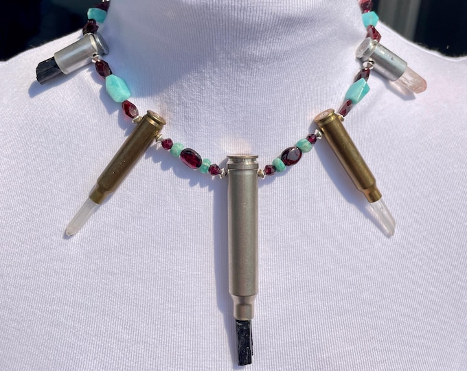 Crystal Bullet Necklace with Amazonite Garnet Tourmaline Quartz Sterling Silver
