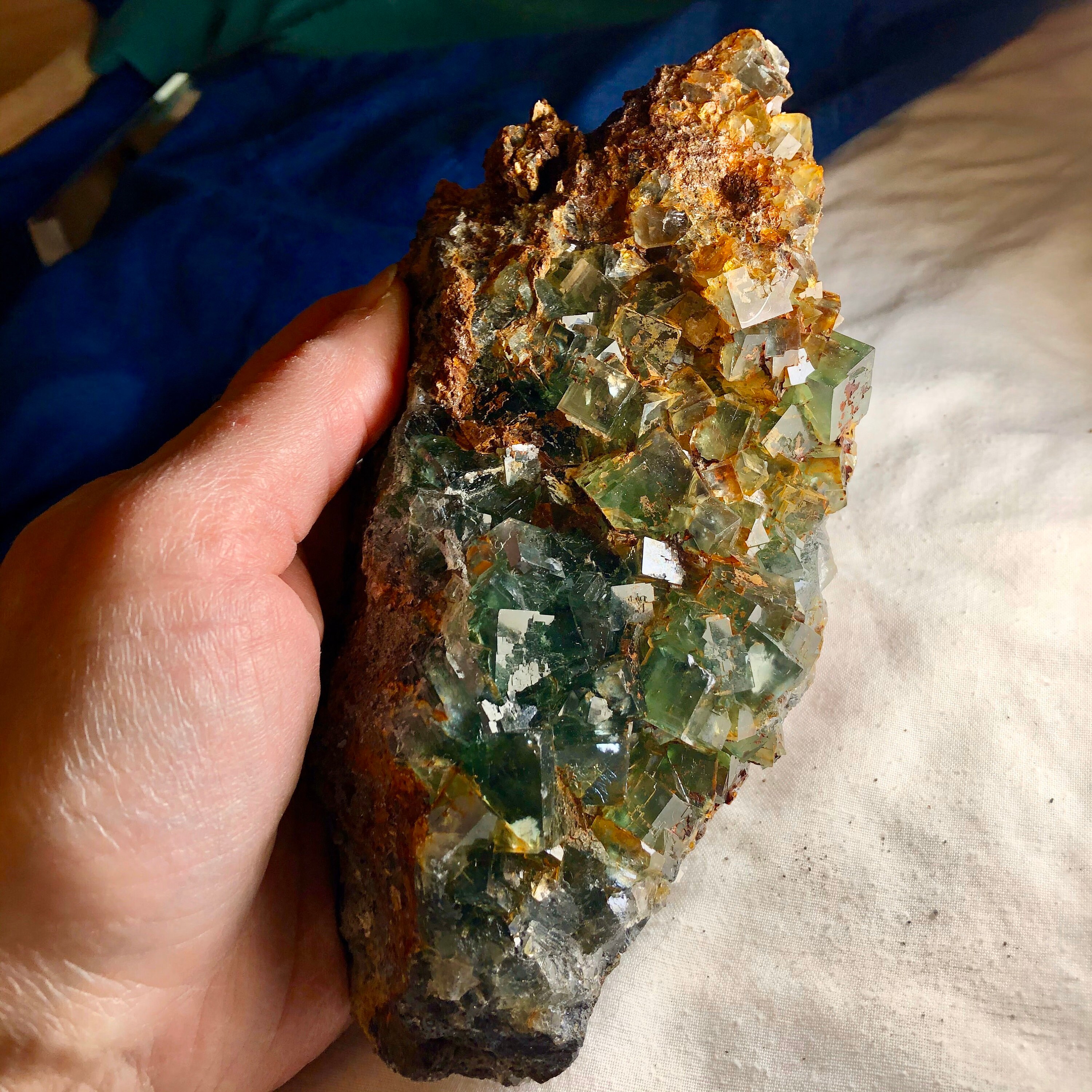 698g Emerald Green Cubic Fluorite Crystal Cluster Specimen with Orange